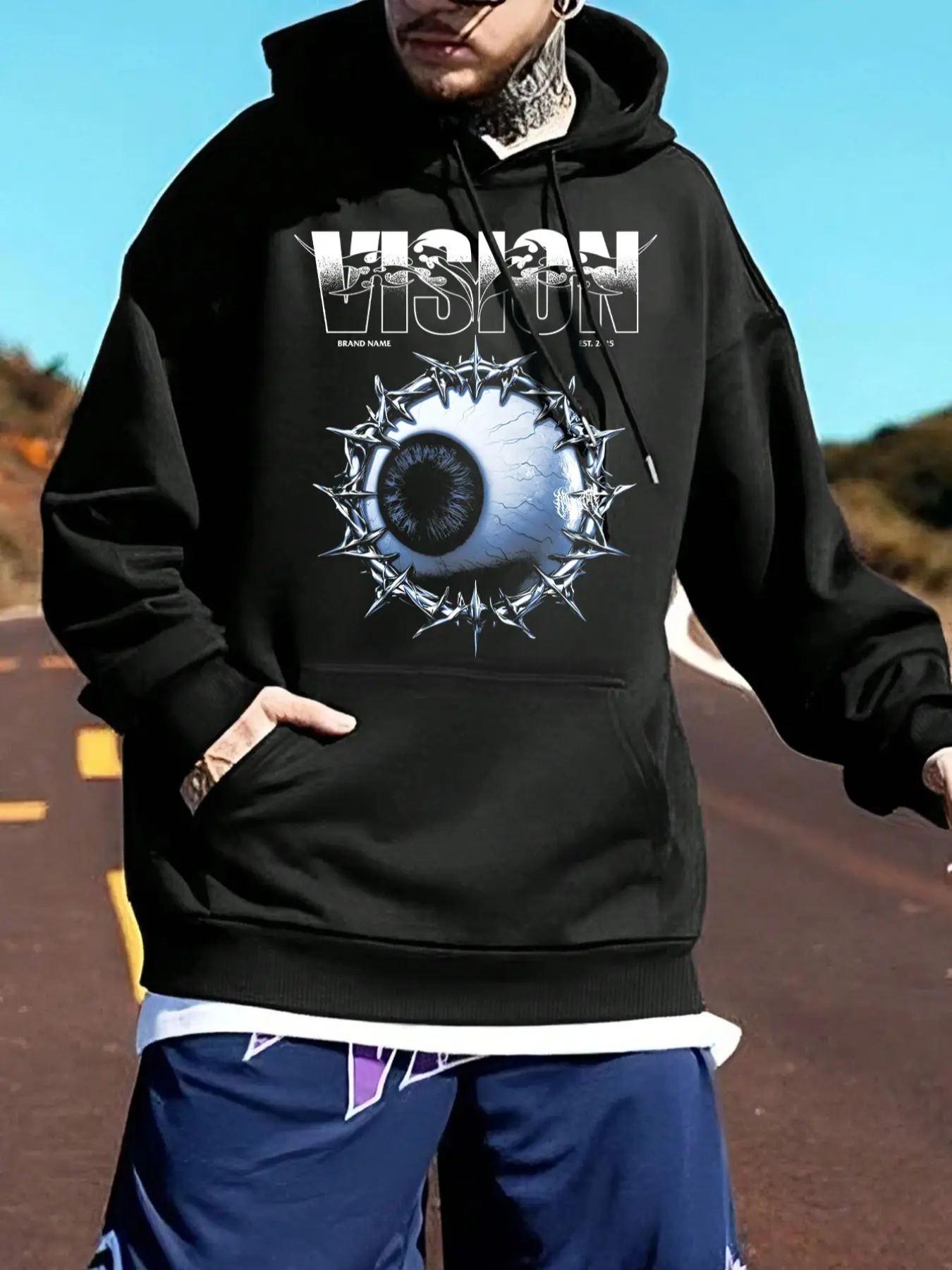 Men's Vintage Poster Bound Eye Hoodie, Casual Drawstring Pocket Design, Long Sleeve Fitted Sweatshirt for All Seasons