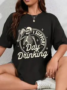 100% Cotton Unisex Beer Lover Drinking Party Skeleton I Support Day Drinking T-Shirt