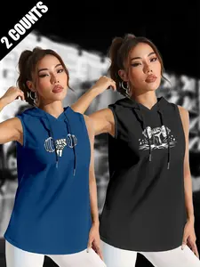 Women's Drawstring Hooded Sleeveless Vest Tank Top, American Fitness Skull Barbell Print, Loose-Fitting Long T-Shirt, Breathable Comfort