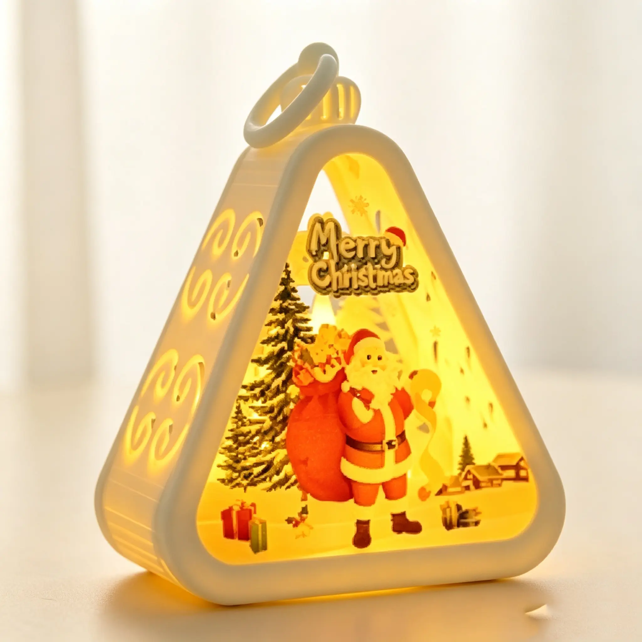 Christmas Santa Triangle Lantern Night Light, Vintage Warm LED Decor Lamp, Festive Tabletop Wind Lamp Ornament, Home Christmas Party Decoration & Holiday Gift