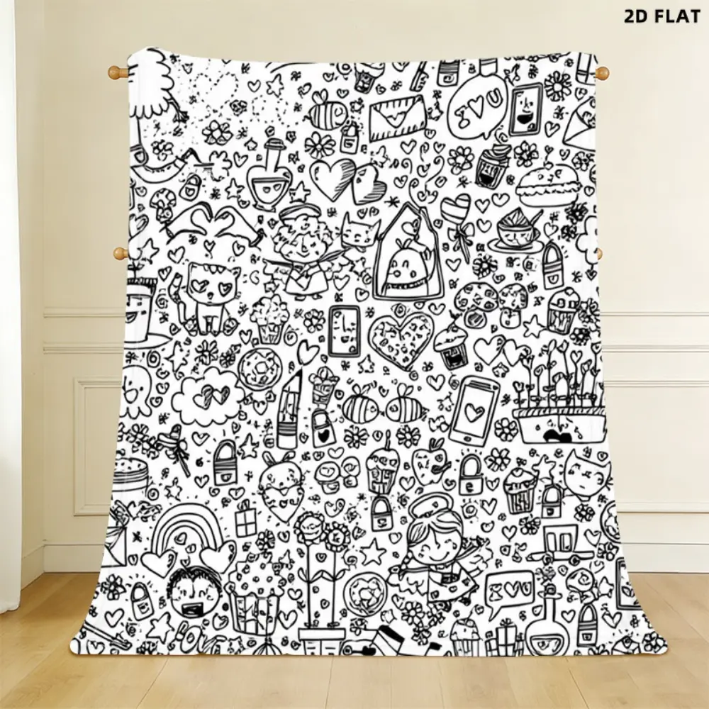 Cute Doodle Coloring Book Style Blanket, Soft Flannel Throw Blanket with Black White Kawaii Hearts Stars Flowers Snack Print, Cozy Gift for Kids Girls Teens and Art Lovers, Fun Creative Blanket for Bed Couch Sofa Bedroom Dorm, Lightweight Warm Blanket