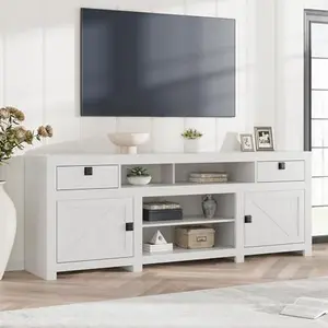 Farmhouse TV Stand for 75/80 Inch TVs, 70" Long Entertainment Center with 4 Storage Drawers & 3 Open Shelf, Grey Television Consoles Stands for Living Room,Bedroom,Antique White