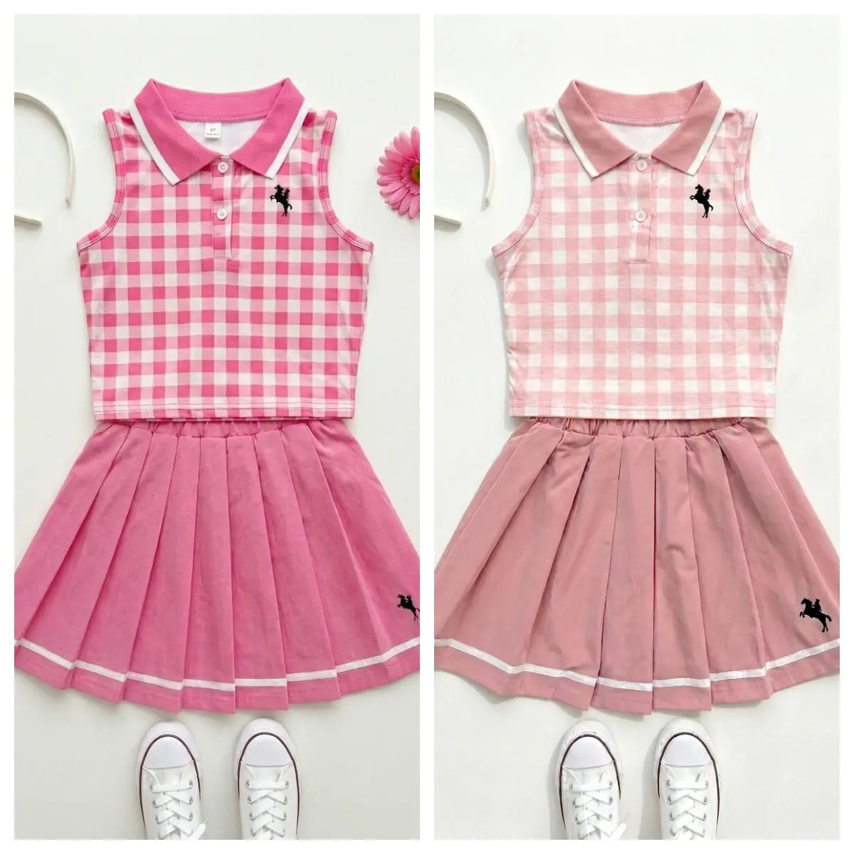 Girls Peter Pan Collar Gingham Skort Set Summer Tennis Outfit Cotton Knit Two Piece for Kids