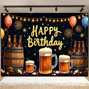 Beer Pattern Happy Birthday Banner, Beer Design Birthday Party Backdrop with Light String, Indoor & Outdoor Decoration Supplies, Ornaments