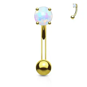 Fifth Cue 16G Synthetic Opal Eyebrow Curved Barbell with Prong Set 316L Surgical Steel, Gold/White 3mm