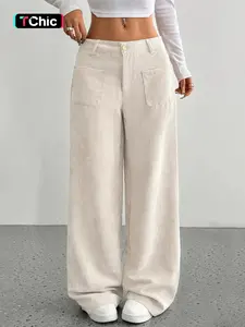 Women's High Waist Corduroy Wide Leg Pants, Casual Street Trousers, Casual Fall Winter Long Trousers with Pockets, Ladies Fashionable Relaxed Fit Bottoms