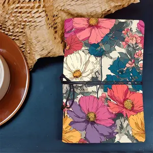 Vintage A6 Blank Notebook Thick Retro Yellow Paper Ideal Halloween Gift, Long-Term Customer Present & Christmas Souvenir for Collection with Pattern on the Cover  Colorful flowers and green leaves