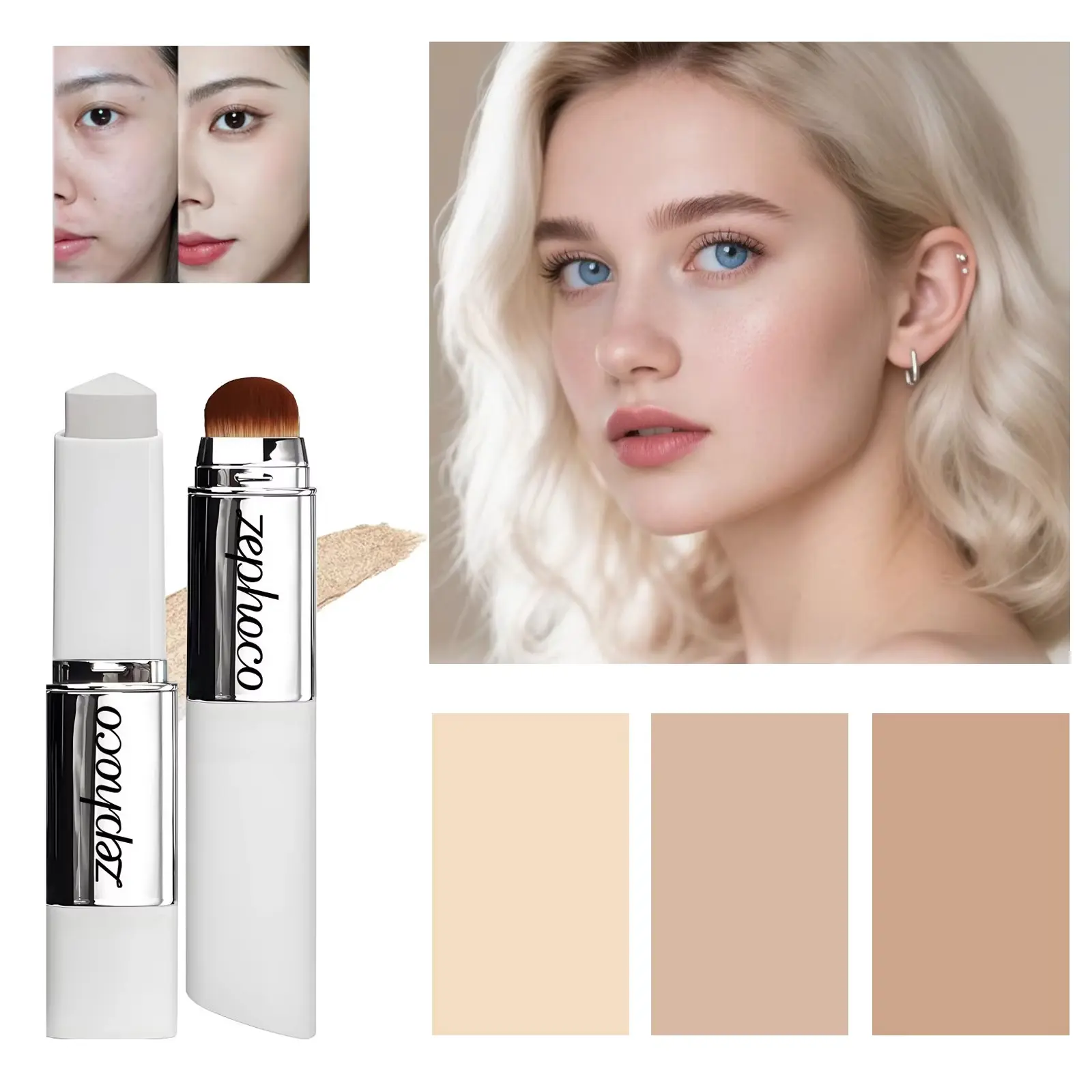 2-in-1 Color-Changing Foundation Stick - Creamy Smooth Texture, Moisturizing, Lightweight, Matte Finish, Waterproof, Long-Lasting, Detachable Brush, Natural, Smooth, For All Skin Types, Easy to Blend