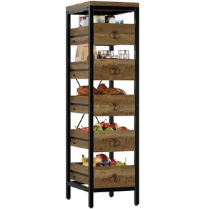 Slim 5-Level Metal Snack Fruit Display Storage Rack with Sliding Basket Drawers, Narrow Space Organizer Shelf Cabinet for Kitchen, Pantry, Bathroom, and Home Use
