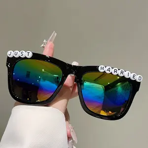 Trendy European and American Square Frame Single Party Sunglasses "Just Married" Decorative Wedding Sunglasses