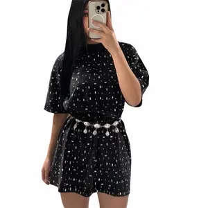 Gali Rhinestone Fashion Oversized BOXY Tshirt with Full Rhinestones Casual Round Neck Womenswear Streetwear Top