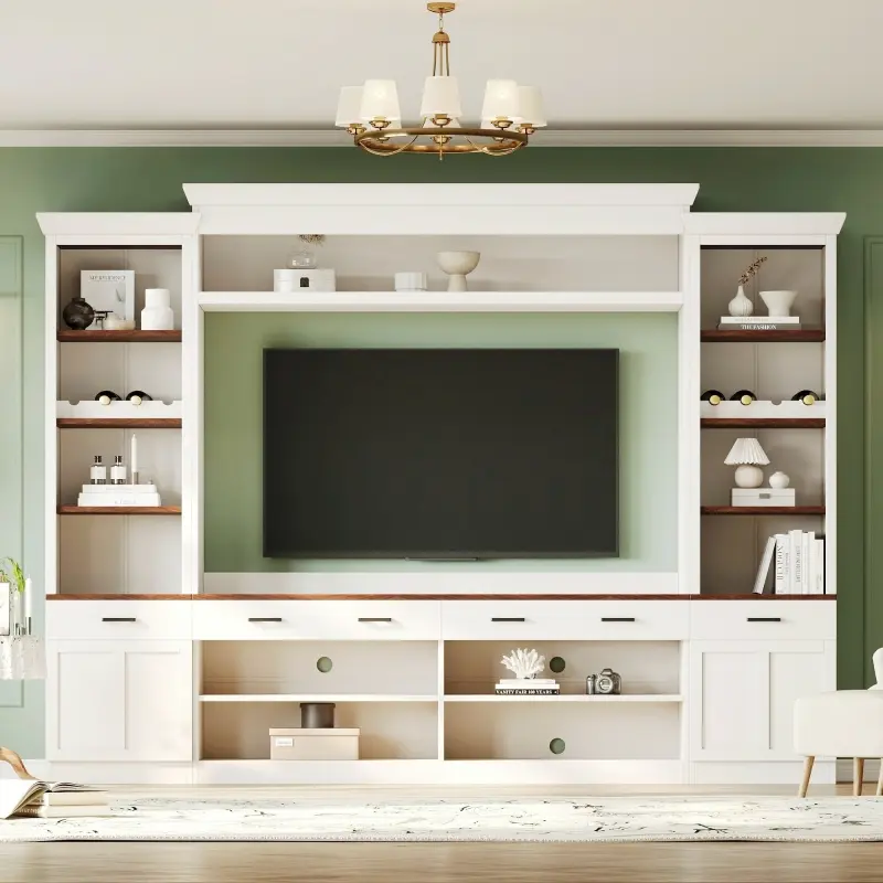 Modern Large 4-Piece Wood TV Cabinet Table Entertainment Center Wall Unit, 70'' TV Stand with Bookshelf & Storage Media Console for Living Room, White
