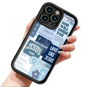 Cute Christian Scripture Collage Design Phone Case for iPhone 17 16 15 14 Pro Max 13 12 11 XR XS Plus Air | Slim Shockproof Anti Scratch TPU Protective Cover | Blue Faith Based Phone Accessory