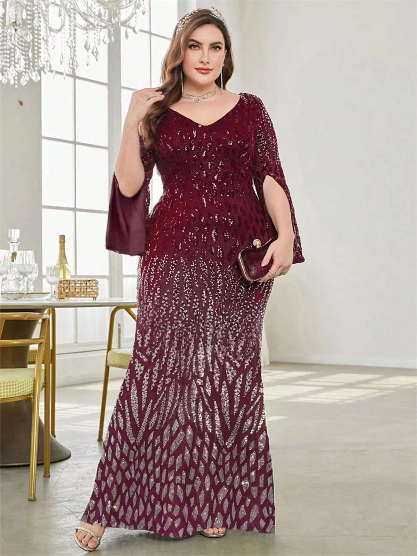 【Plus Size】 Glitter Sequins V Neck Long Sleeve Evening Dress, Glitter Formal Dress, Elegant Evening Gown, evening party dresses, Elegant Dress for Party & Banquet, Women's Clothes for Evening Party, Womenswear