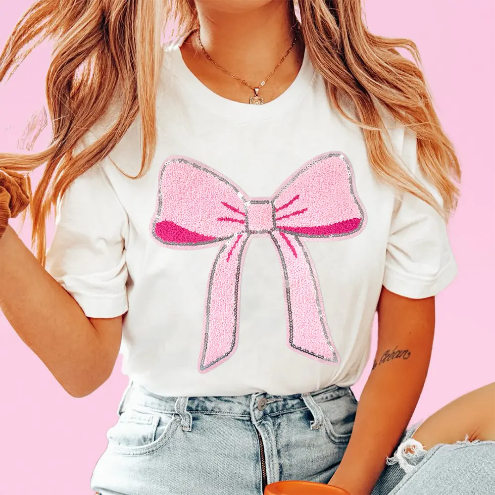 Large Iron-On Patches Pink Chenille Christmas Bow Embroidered Sequin Edge Applique Cute Accessories for DIY Hoodie Clothing Backpacks Jackets