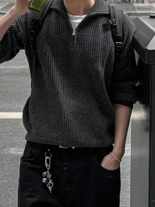 Men's Half-Zip Cardigan Sweater, High Neck Long Sleeve Plain Knitwear, Korean Style Casual Fashion, Essential Wardrobe Item for Spring Fall Winter