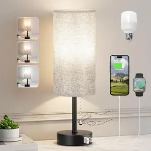 Grey Bedside Lamp for Bedroom Nightstand - Small Table Lamp with USB A + C  Port, 3 Color Temperatures Pull Chain Night Stand Light with Bulb, Side Table Desk Reading Lamp for Living Room/Dorm