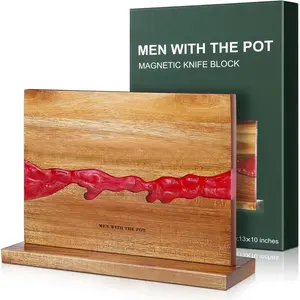 MEN WITH THE POT Magnetic Knife Block, Double Sided Magnetic Knife Holder Rack for Kitchen Counter Top, Space Saving Wood & Red Resin Knife Storage, Women Kitchen Essentials, Gift Box