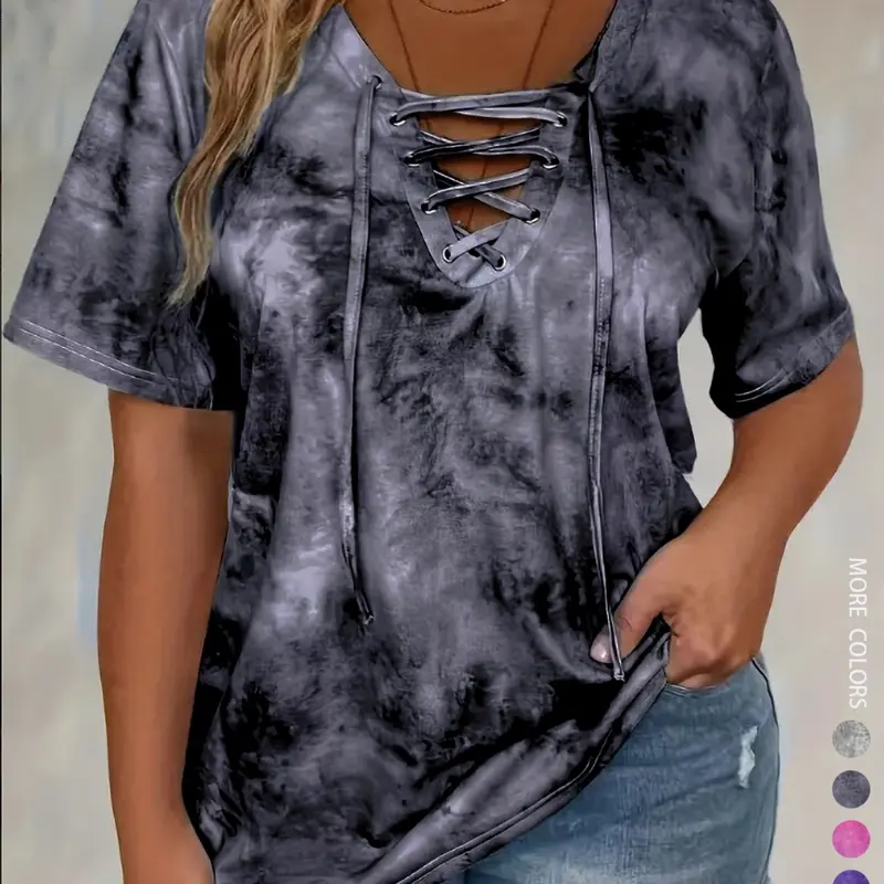 Women's Plus Size Tie Front V-Neck T-Shirt, Casual Stylish Tee, Casual Pattern Fitted Top, Comfortable Stretch Fabric Womenswear, Perfect for Daily Wear & Gifts, Everyday, Casual Streetwear Top, Casual Tee Shirts