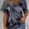Women's Plus Size Tie Front V-Neck T-Shirt, Casual Stylish Tee, Casual Pattern Fitted Top, Comfortable Stretch Fabric Womenswear, Perfect for Daily Wear & Gifts, Everyday, Casual Streetwear Top, Casual Tee Shirts