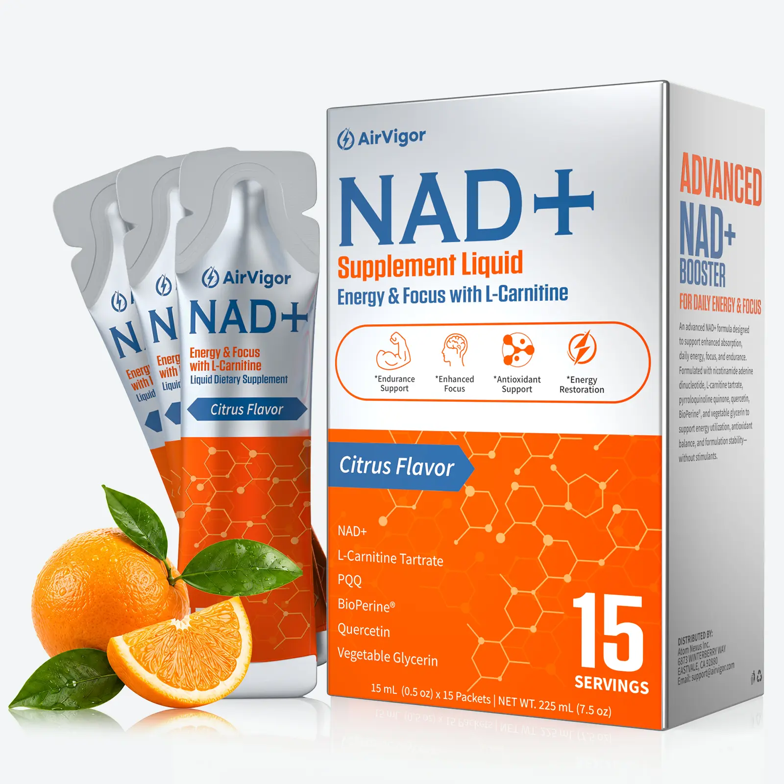 AirVigor Liposomal NAD+ Liquid Sticks with L-Carnitine Tartrate, PQQ & Quercetin – Sugar-Free Daily Wellness & Cellular Energy Support, Citrus Flavor, 15 Sticks