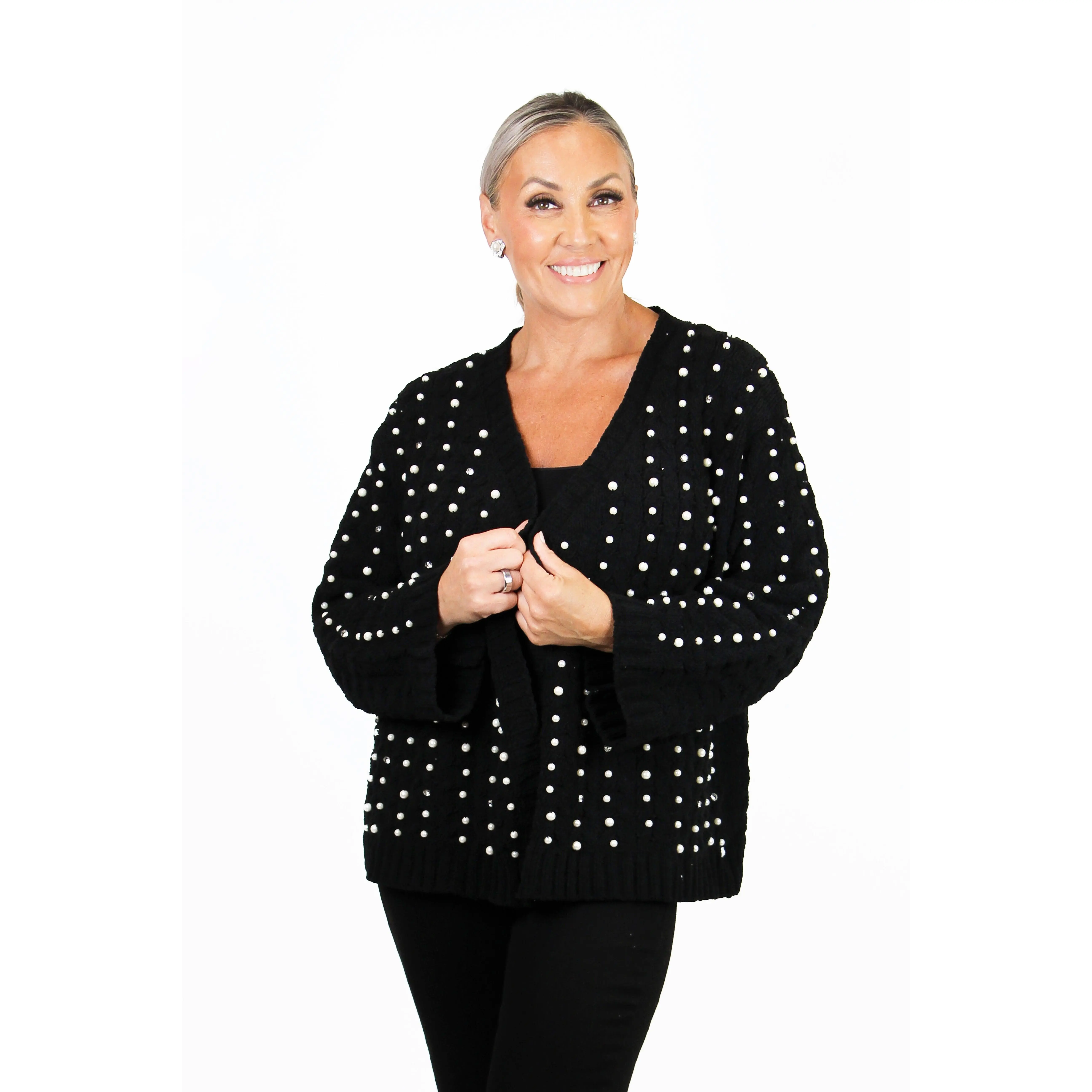 Long Sleeve Pearl & Rhinestone Accent Cardigan (SALE)