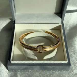 18K Gold Plated Italian Vintage Brushed CZ Open Cuff Bangle Bracelet Adjustable Brass Lock Design Wrist Cuff for Women