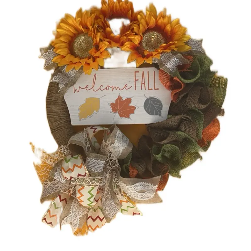 Custom Wreath with Sunflowers, Welcome Fall Sign, and Decorative Bow
