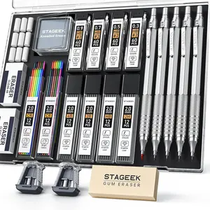 STAGEEK 21PCS Metal Mechanical Pencil Set, Art Lead Pencil 0.3, 0.5, 0.7, 0.9, 2mm Holder(HB 2H 2B 4B Color) with 10 Tubes Graphite Lead Refills Eraser with Case for Drafting Drawing Sketching