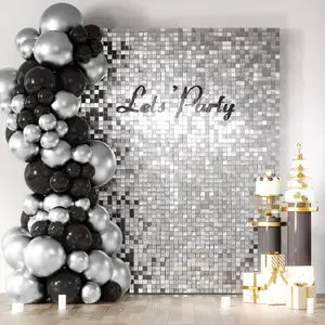 Silver Shimmer Wall Backdrop, Square Sequin Shimmer Backdrop Panels, Photo Backdrops for Disco, Birthday, Wedding, New Year & Bachelorette Party Decoration - 24/30/36/49 Panels Available