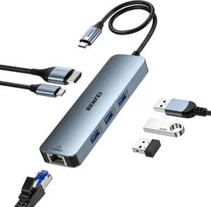 BENFEI USB C HUB 6-in-1 with HDMI(4K@60Hz), Gigabit Ethernet, 100W Power Delivery, 3*USB 3.0, Silicone Cable, Aluminum Case Compatible with iPhone 15 Pro/Max, MacBook, iPad Pro, iMac, S23, XPS17