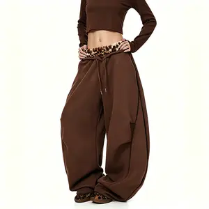 Woman's Brown Oversized Baggy Pants Leopard Print Waist Drawstring High Waist Casual Loose Comfortable Fashion Trendy Streetwear Chic Modern Women's Fashion