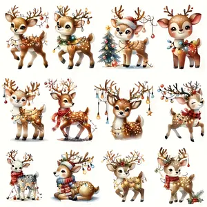 12-Pack Christmas Reindeer Iron-On Transfer Patches with Lights, Washable & Reusable Vinyl Heat Transfers for DIY T-Shirts, Party Decorations