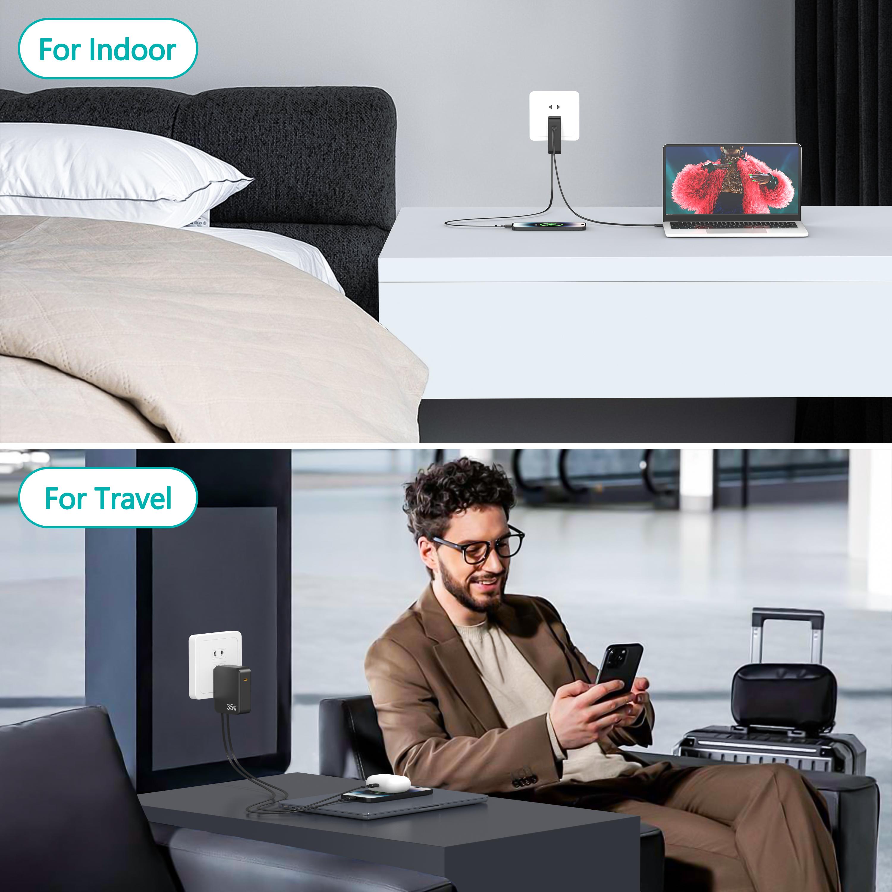 35W Retractable Wall Charger with Dual Cables & 3-Port Hub, Fast Charging for iPhone 16/15/14/13/12/11, iPad, Samsung, LG & More