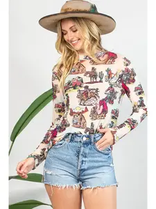 Avery Vintage Western Print Semi Sheer Mesh Top