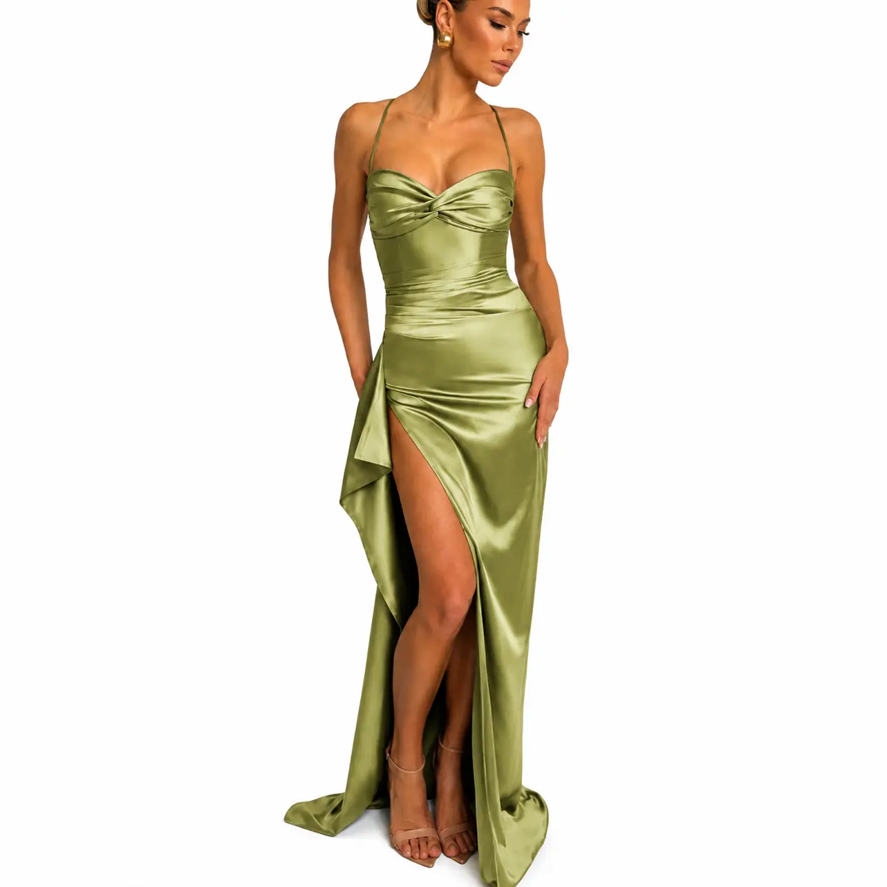 Women'sOliveGreenSatinSpaghettiStrapTwistFrontMaxiDress,RuchedHighSlitBacklessBodyconEveningGown,ElegantDrapedSideTrainLongDressforFormalPromWeddingGuestCocktailParty