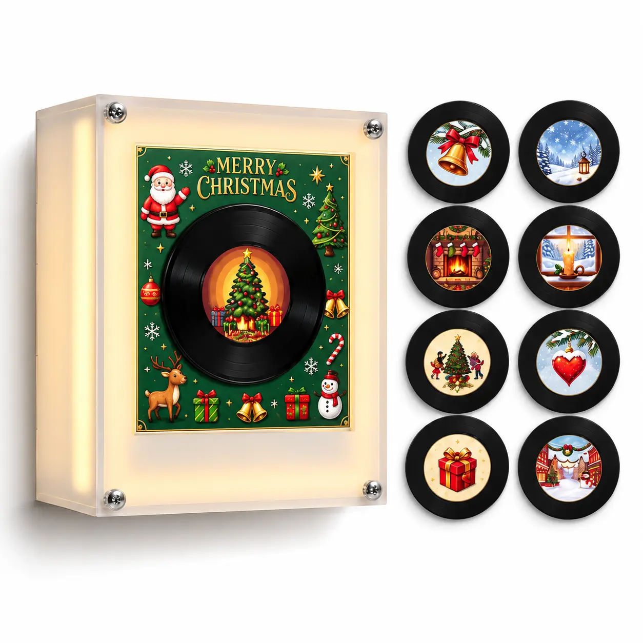 Merry Christmas Vinyl Record Light Box with 9 Festive Scenes for Holiday Decorations