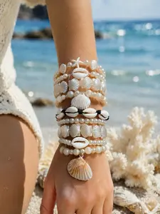 Summer Beach Style Shell Imitation Pearl Beaded Bracelet, Bohemian Layered Jewelry, Coastal Vacation Atmosphere Accessory