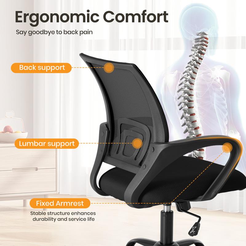 Ergonomic Office Chair with Rocking Mode, Lumbar Support, Height Adjustable, Mesh Back, Quiet Casters for Home Office & Gaming