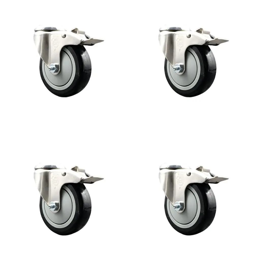 Service Caster SCC-SS316BHTTL20S414-PPUB-BLK-4 Polyurethane Swivel Bolt Hole Caster with 4 in. Black Caster Wheels 316 Stainless Steel Caster - Set of 4