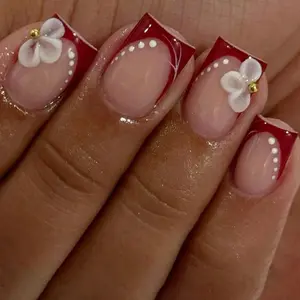 10pcs Stylish acrylic nails, Romantic Style White Flowers+Red French Edge Press On Nails, White Polka Dot+Small Gold Bead Square Nails, Red French Edge Design, White Flowers+Small Gold Bead Embellishment, Exquisite Romantic