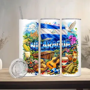 Nicaragua Flag Tumbler - 20 oz Reusable Tumbler with Straw, Features Nicaraguan Culture, Music, and Nature Motifs, Perfect for Drinks