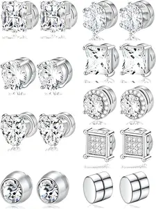 Magnetic Clip-On Earrings, Stainless Steel, No Piercing, Ruby Heart, Round, Square, Triangle, Hemisphere, Unisex, Silver Color, 6mm