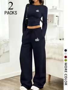 Women's 2-Piece Lounge Wear Set, Soft Stretchy Material, Ruched Crop Top & Wide Leg Pants, Ideal for Daily Comfort