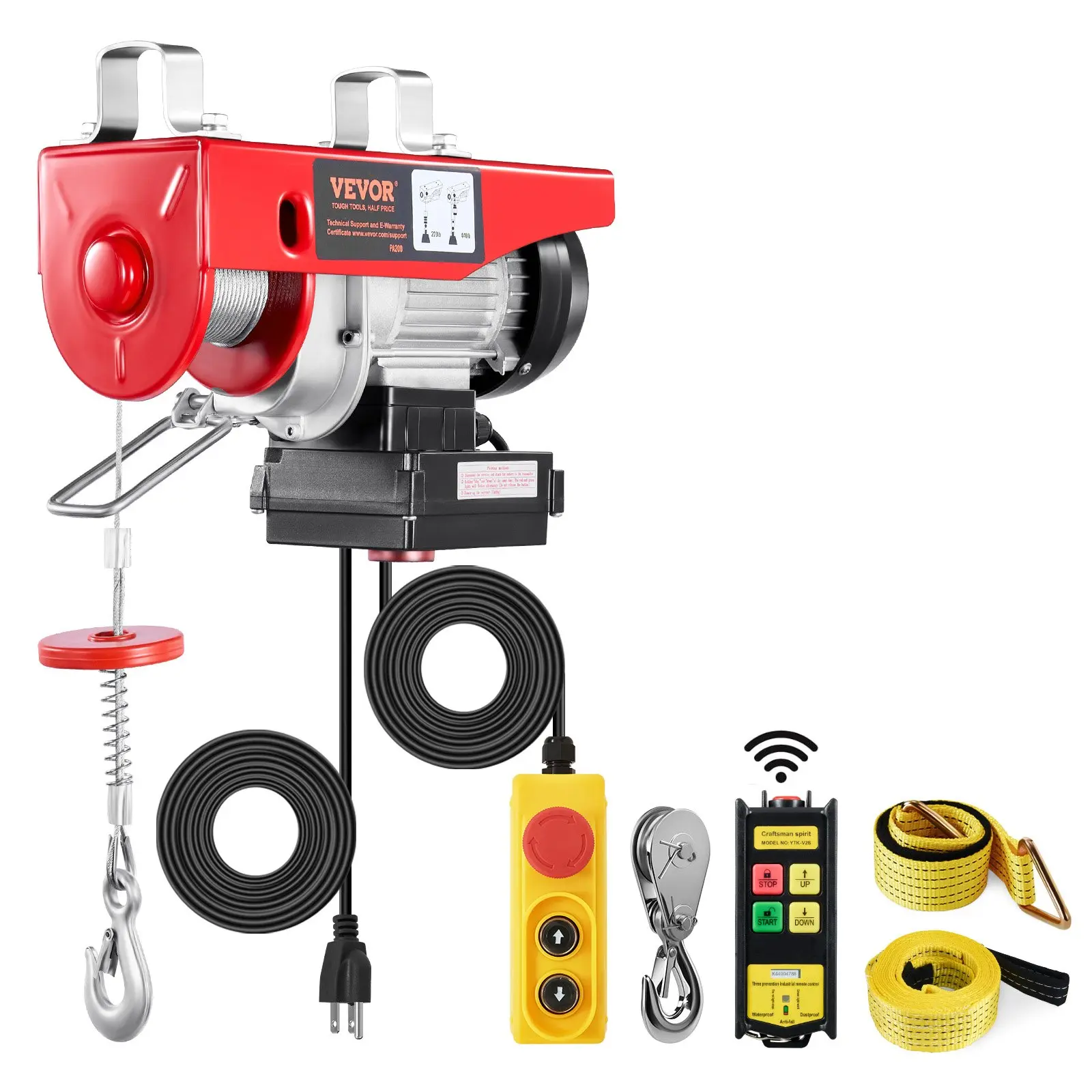 【DealsForYouDays】VEVOR Electric Hoist, 440 lbs 120V Electric Winch with 328 ft Wireless & 14 ft Wired Remote Control, 40 ft Single Cable Lifting Height, Single/Double Slings, Lift Hoist for Garage Warehouse Factory Durable Nylon Rope Rigging Rope