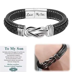 To My Son Infinity Knot Bracelet From Mom, Forever Linked Together Braided Leather Inspirational Bracelets, Engraved Jewelry for Birthday Gift