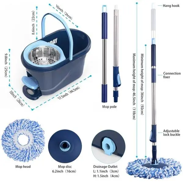 Spin Mop and Bucket System with Wringer Set for Floors Cleaning