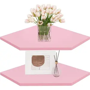 Pink Corner Floating Shelves, Corner Wall Shelf with Cord Hole, 2 Tier Wood Hanging Corner Shelf for Bathroom, Bedroom, Living Room