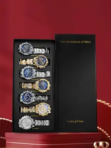 7-Piece Men's Business Fashion Rhinestone Quartz Watch Set, Wristwatch Set, Digital Face with Calendar, Perfect for Parties and Daily Wear, Elegant Birthday Gift