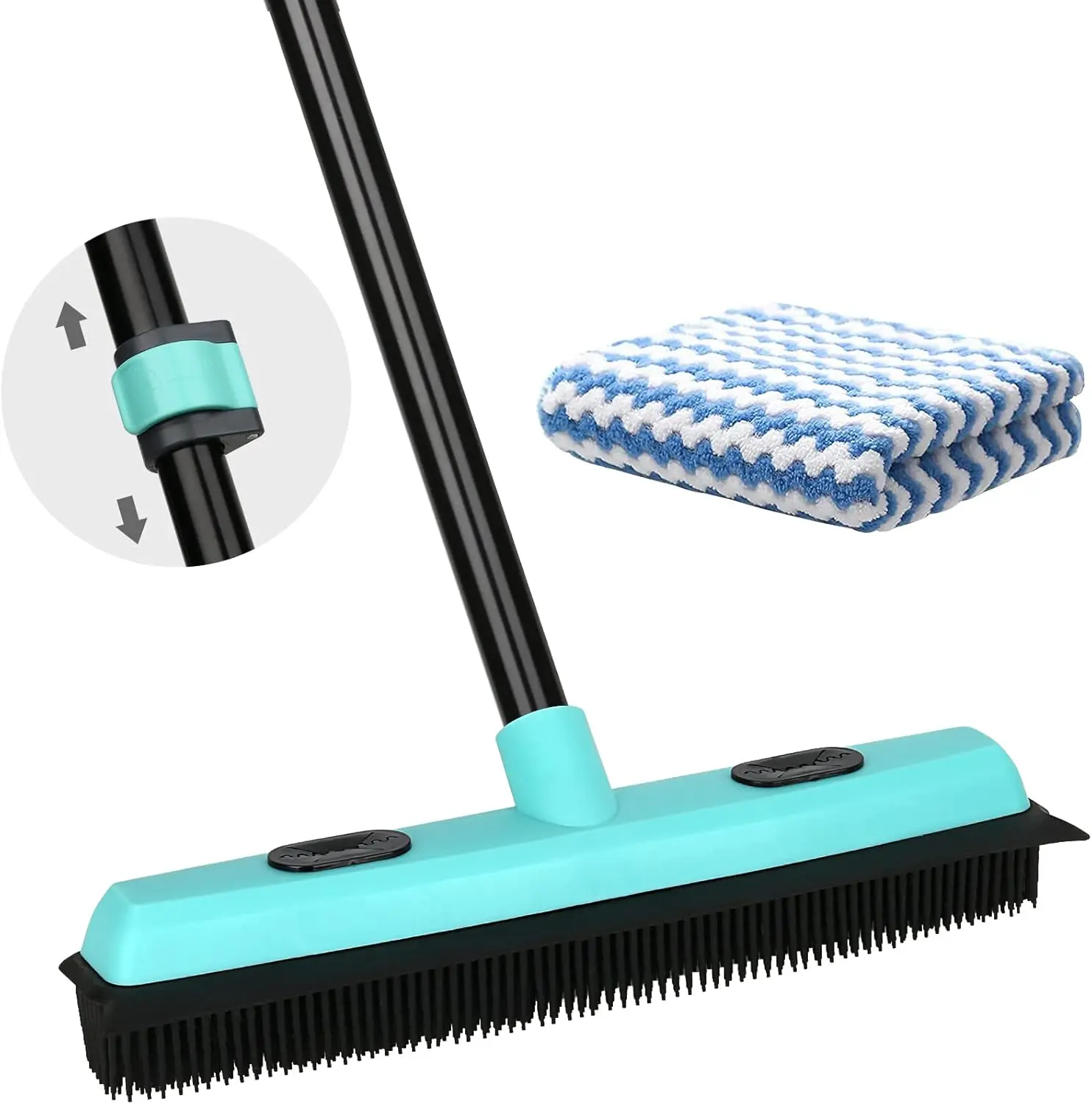 Rubber Broom Carpet Rake for Pet Hair Removal, Fur Remover Broom with " Telescoping Long Handle, Pet Hair Broom with Squeegee for Carpet, Hardwood Floor, Tile